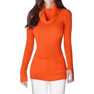 Women’s Cowl Neck Orange Stretchable Knit Long Sleeve Bodycon Sexy Sweater